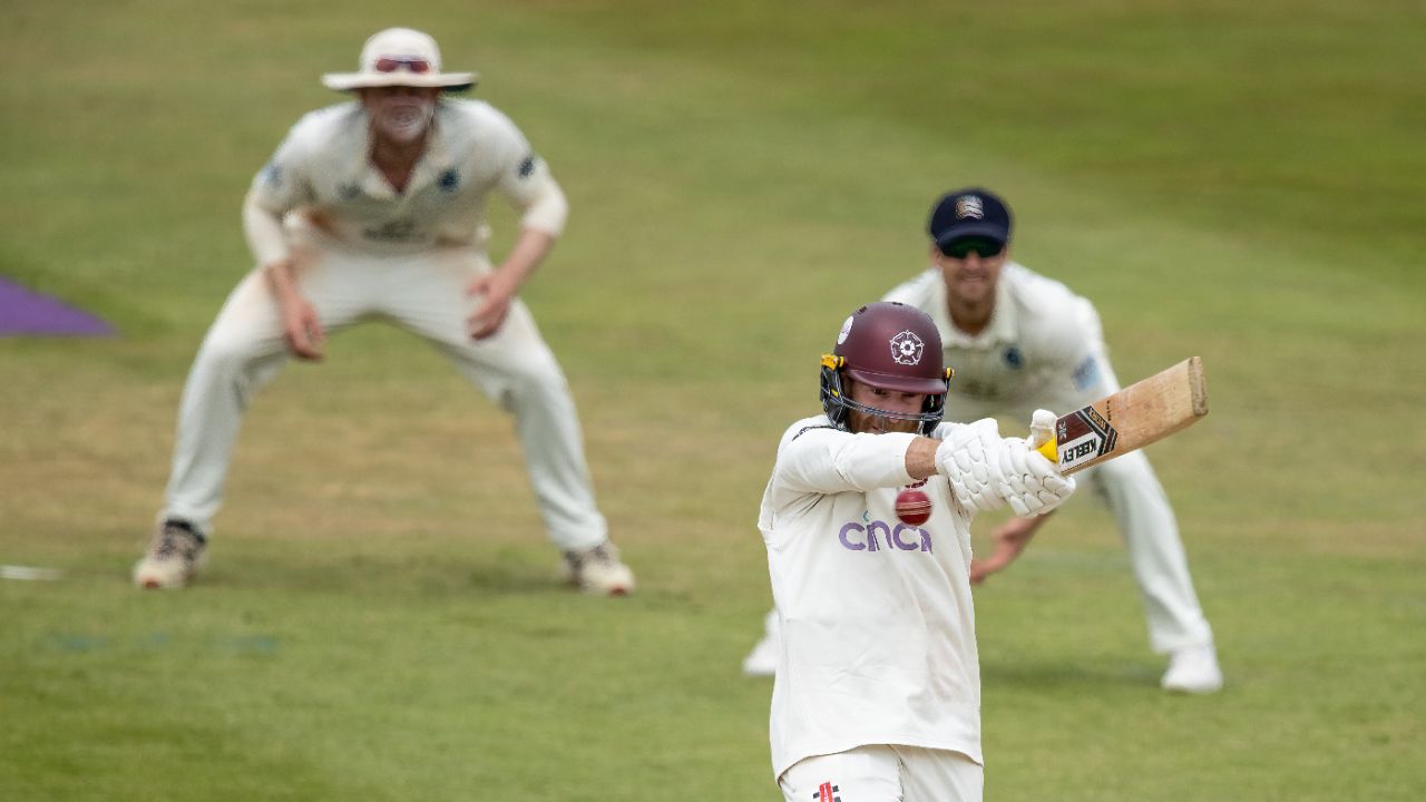 Luke Procter pulls during his rearguard, Northamptonshire v Middlesex, County Championship, Northampton, June 25, 2025