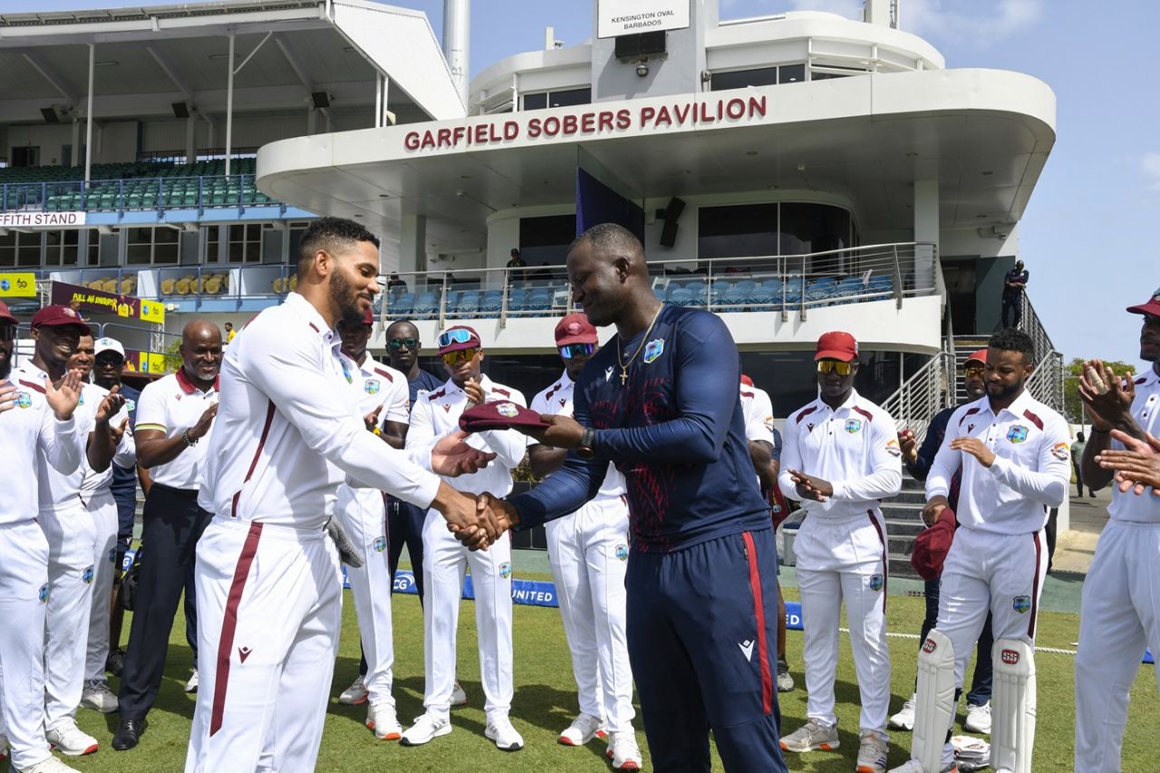 Brandon King receives his Test cap from Daren Sammy, West Indies vs Australia, 1st Test, day 1, Barbados, June 25, 2025