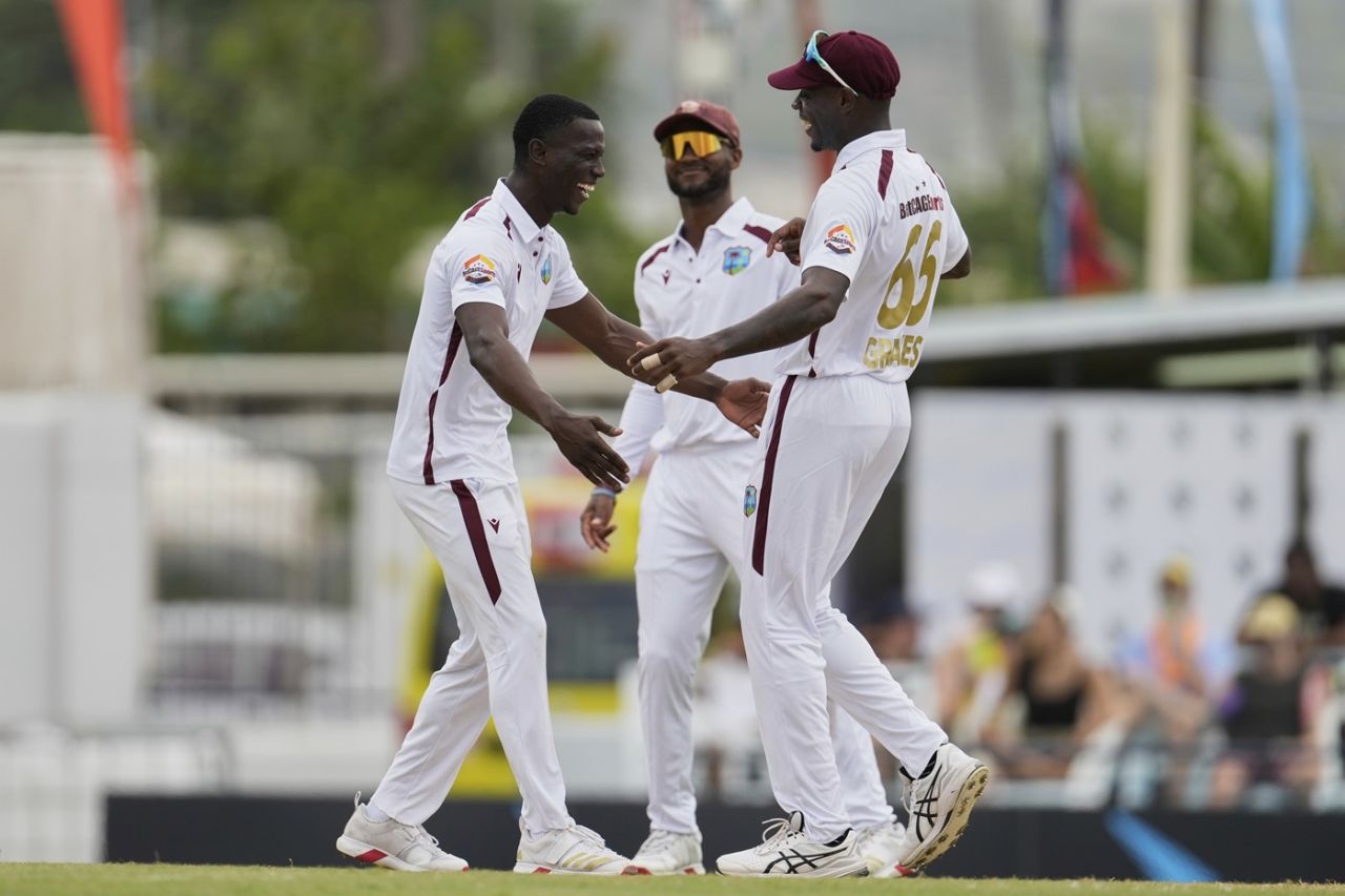 Shamar Joseph and Justin Greaves celebrate Cameron Green's wicket, West Indies vs Australia, 1st Test, day 1, Barbados, June 25, 2025