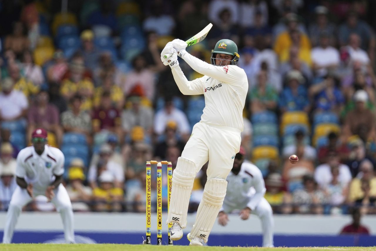 Usman Khawaja with his trademark pull through midwicket, West Indies vs Australia, 1st Test, day 1, Barbados, June 25, 2025