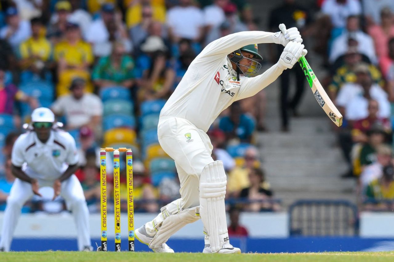 Usman Khawaja drives through cover, West Indies vs Australia, 1st Test, day 1, Barbados, June 25, 2025