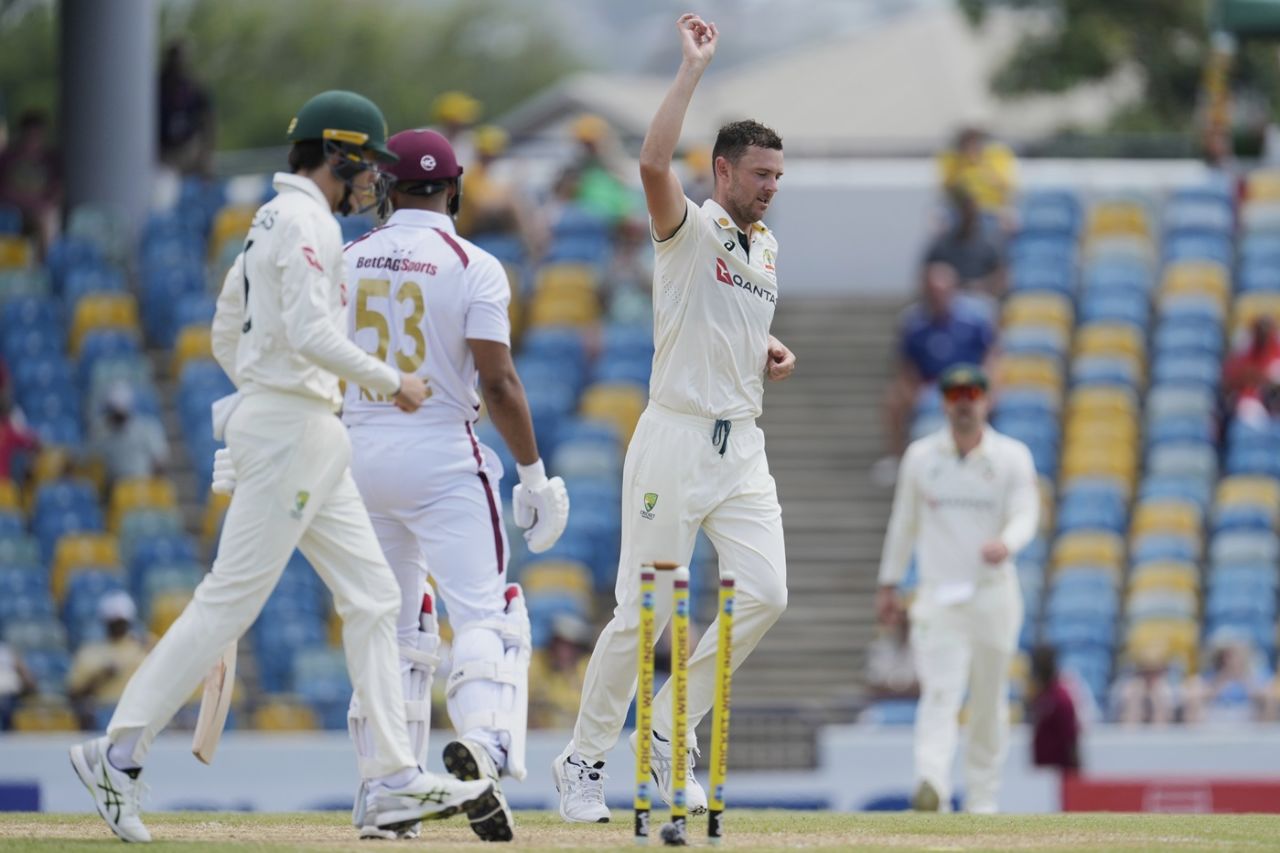 Josh Hazlewood celebrates an early wicket, West Indies vs Australia, 1st Test, day 2, Barbados, June 26, 2025