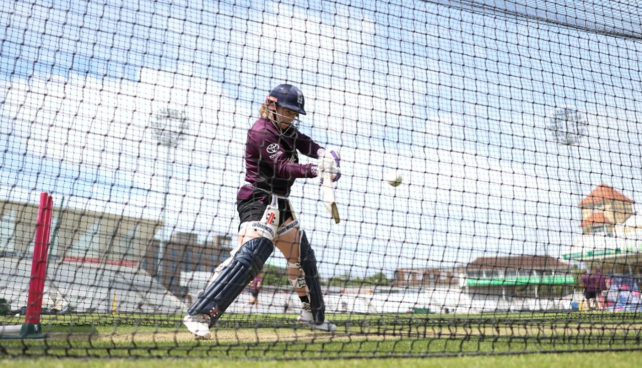 Tammy Beaumont has a hit during practice, Nottingham, June 27, 2025
