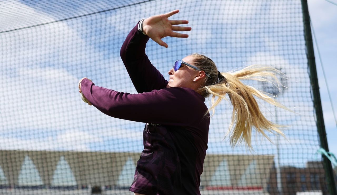 Sophie Ecclestone in action at nets, Nottingham, June 27, 2025
