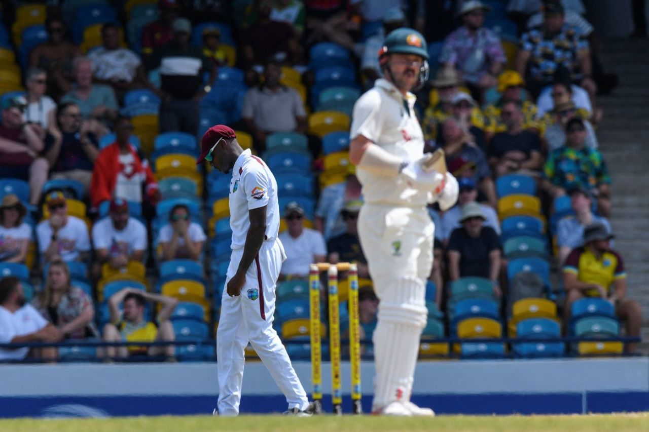 Justin Greaves drops his head after dropping Travis Head, West Indies vs Australia, 1st Test, 3rd day, Barbados, June 27, 2025