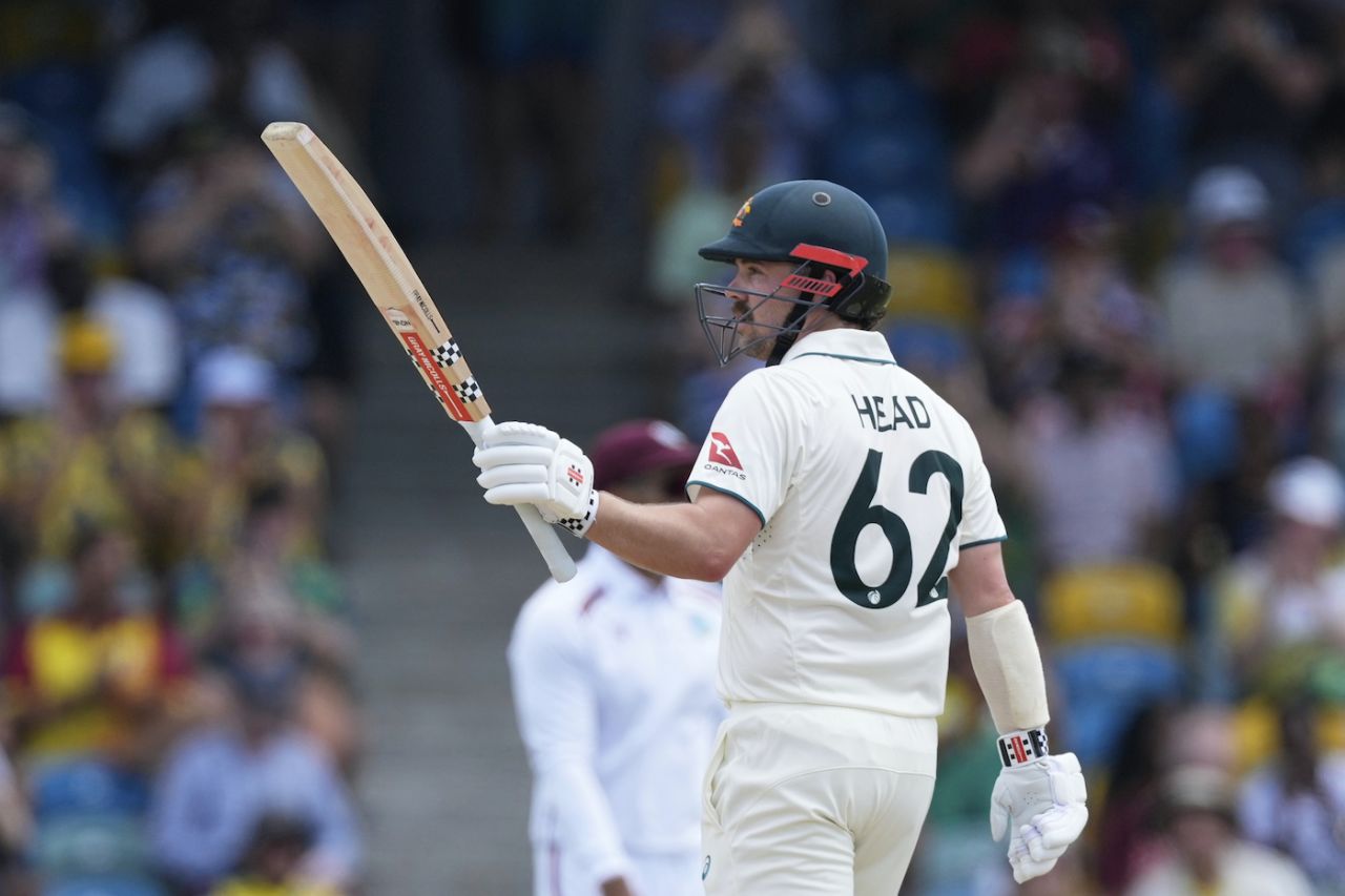 Travis Head celebrates his second fifty in the match, West Indies vs Australia, 1st Test, 3rd day, Barbados, June 27, 2025