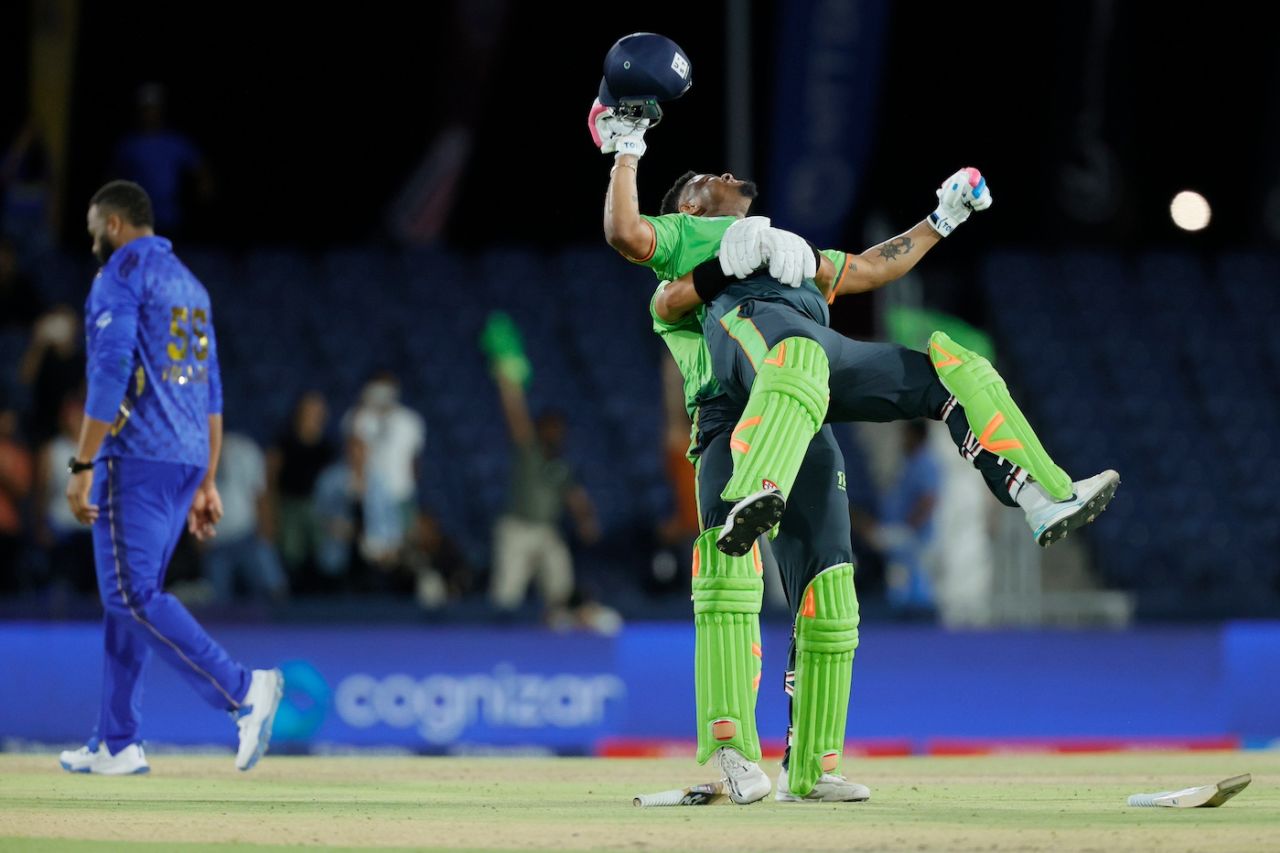 Jasdeep Singh lifts Shimron Hetmyer off the ground in celebration, MI New York vs Seattle Orcas, MLC 2025, Dallas, June 27, 2025