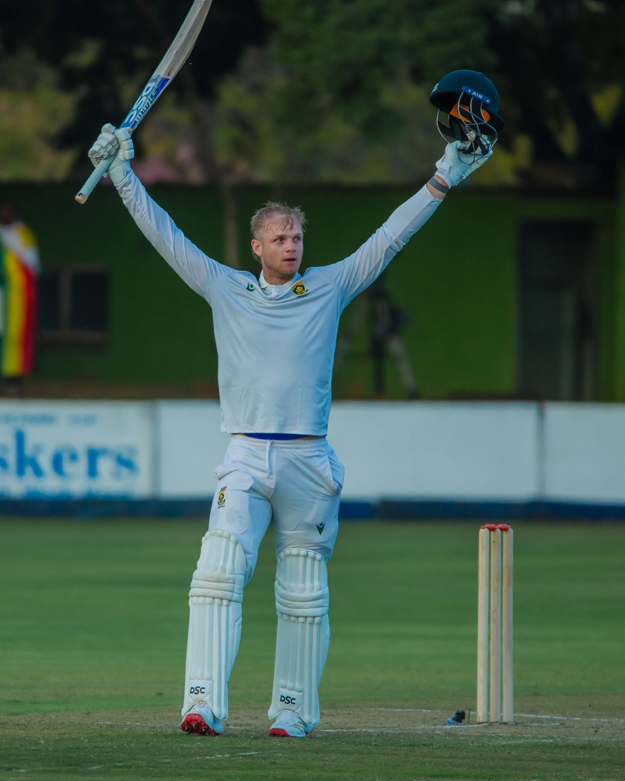 Corbin Bosch celebrates his maiden Test century, Zimbabwe vs South Africa, 1st Test, Bulawayo, June 28, 2025