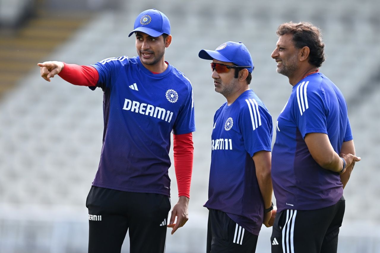 Shubman Gill has a chat with head coach Gautam Gambhir and batting coach Sitanshu Kotak, Birmingham, June 30, 2025