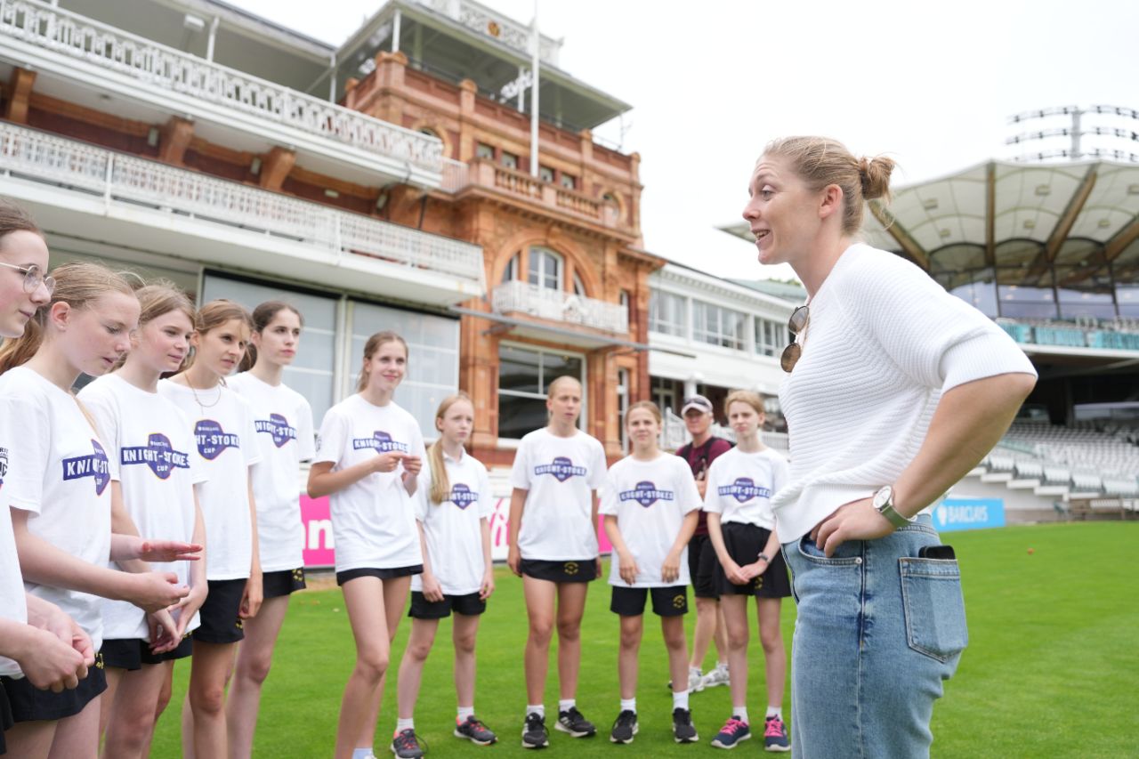 Heather Knight chats to schoolchildren at the launch of the Knight-Stokes Cup, June 26, 2025