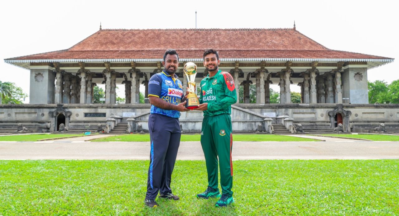 Captains Charith Asalanka and Mehidy Hasan Miraz pose with the ODI series trophy, Sri Lanka vs Bangladesh, Colombo, July 1, 2025