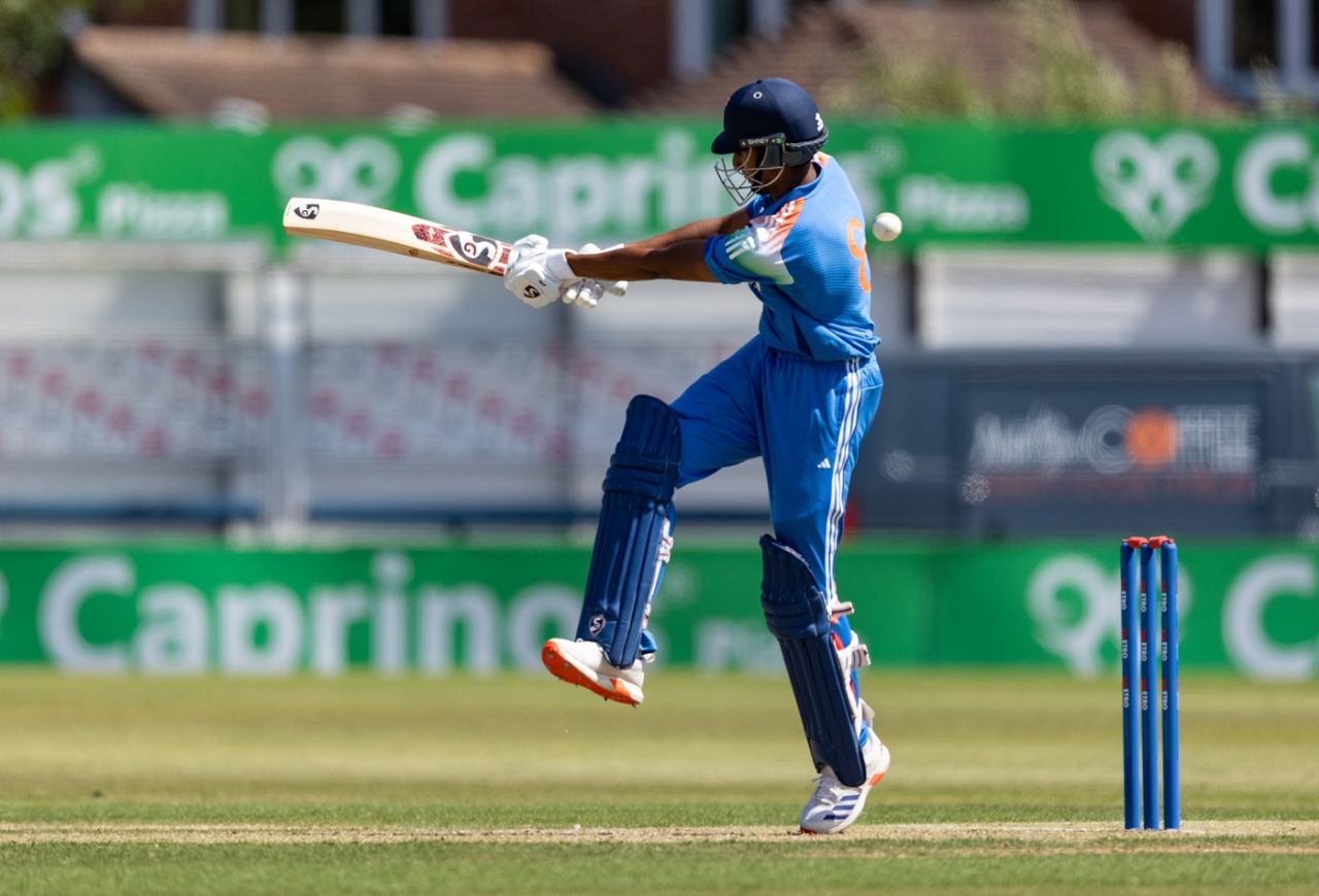 RS Ambrish tries to force a short ball away, England U19s vs India U19s, 2nd Youth ODI, Northampton, June 30, 2025