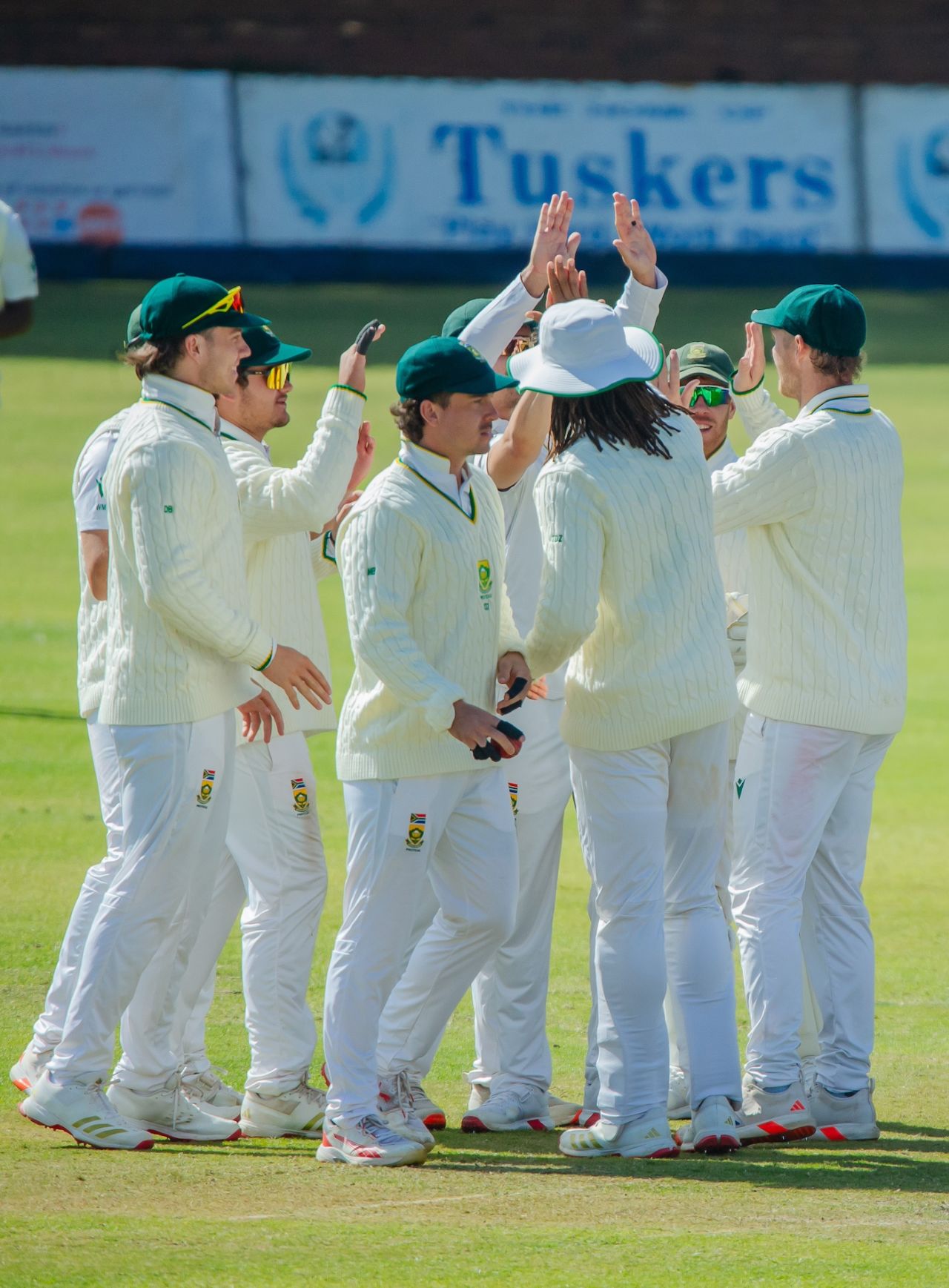 The South Africa players had many occasions to celebrate on the fourth morning, Zimbabwe vs South Africa, 1st Test, Bulawayo, 4th day, July 1, 2025
