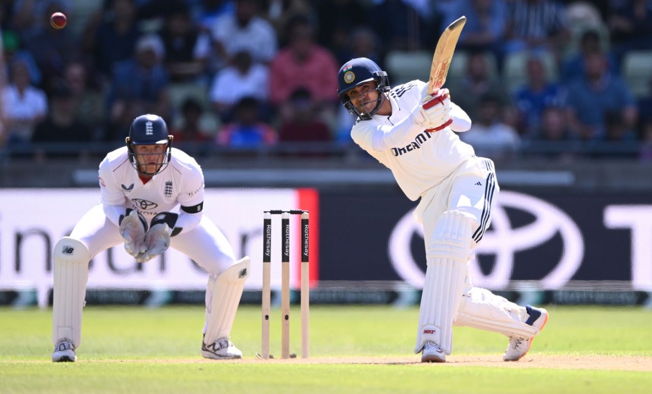 Jamie Smith watches the ball lift off Shubman Gill's bat, England vs India, 2nd Test, Birmingham, Day 2, July 2, 2025