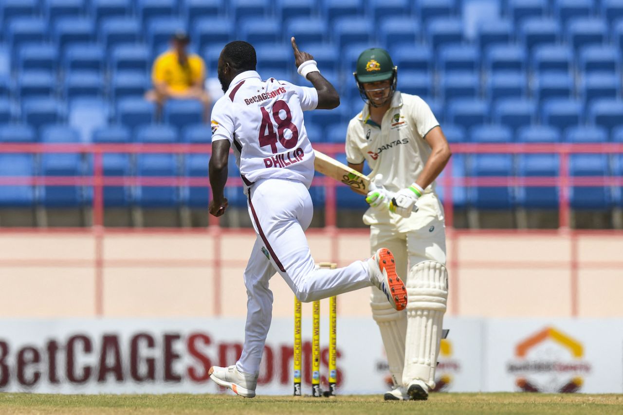Anderson Phillip took three balls to dismiss Sam Konstas, West Indies vs Australia, 2nd Test, St George's, 1st day, July 3, 2025