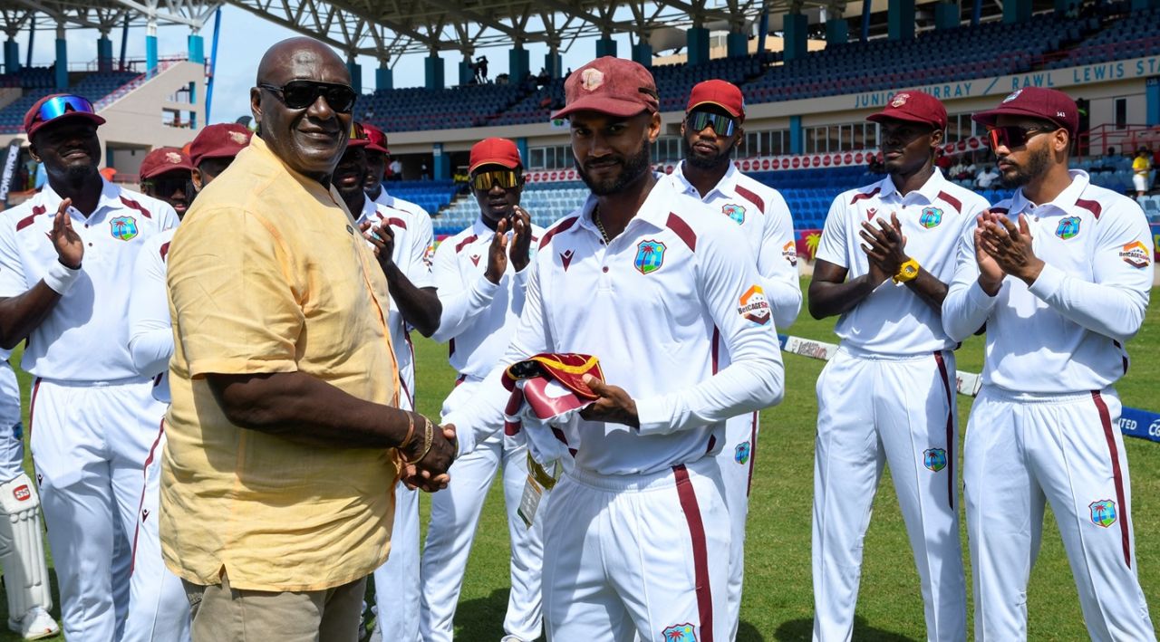 Kraigg Brathwaite receives a special cap for his 100th Test from Roddy Estwick, West Indies vs Australia, 2nd Test, St George's, 1st day, July 3, 2025