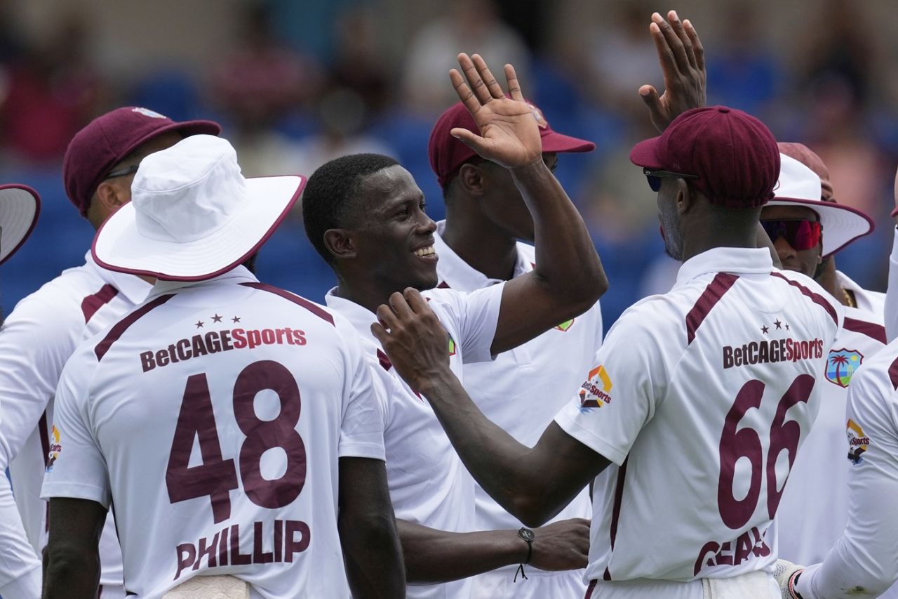 Shamar Joseph is mobbed by his team-mates, West Indies vs Australia, 2nd Test, St George's, 1st day, July 3, 2025