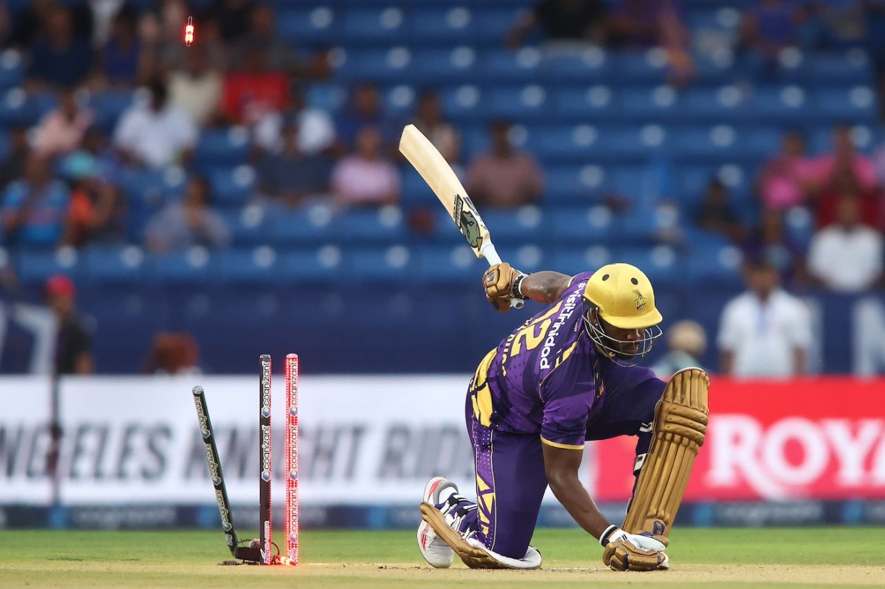 Andre Russell loses his stumps to Trent Boult, Los Angeles Knight Riders vs MI New York, MLC 2025, Lauderhill, July 3, 2025