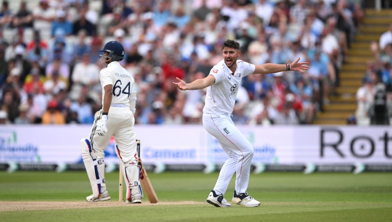 Josh Tongue appeals for an lbw against Yashasvi Jaiswal, England vs India, 2nd Test, Birmingham, 3rd day, July 4, 2025