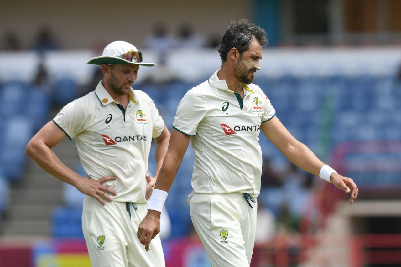Mitchell Starc and Josh Hazlewood have a chat, West Indies vs Australia, 2nd Test, 2nd day, St George's, July 4, 2025