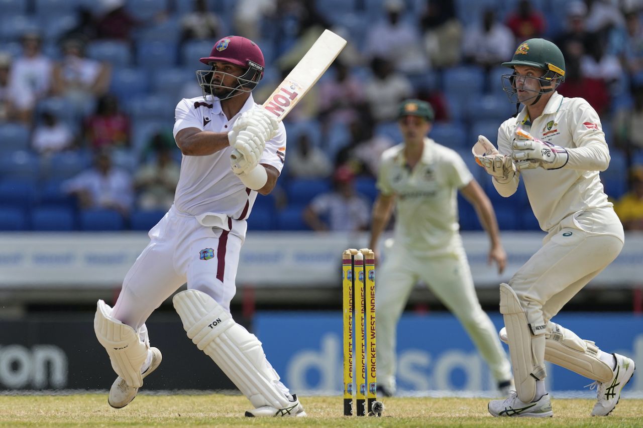 Brandon King hit two fours and a six off Nathan Lyon before falling to him, West Indies vs Australia, 2nd Test, 2nd day, St George's, July 4, 2025