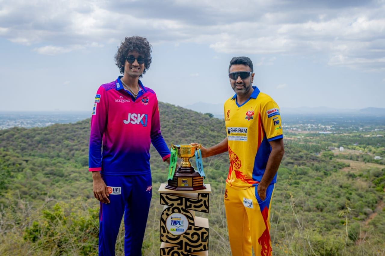 R Sai Kishore and R Ashwin pose with the TNPL trophy on the eve of the final, Dindigul Dragons vs Idream Tiruppur Tamizhans, TNPL 2025, Dindigul, July 5, 2025