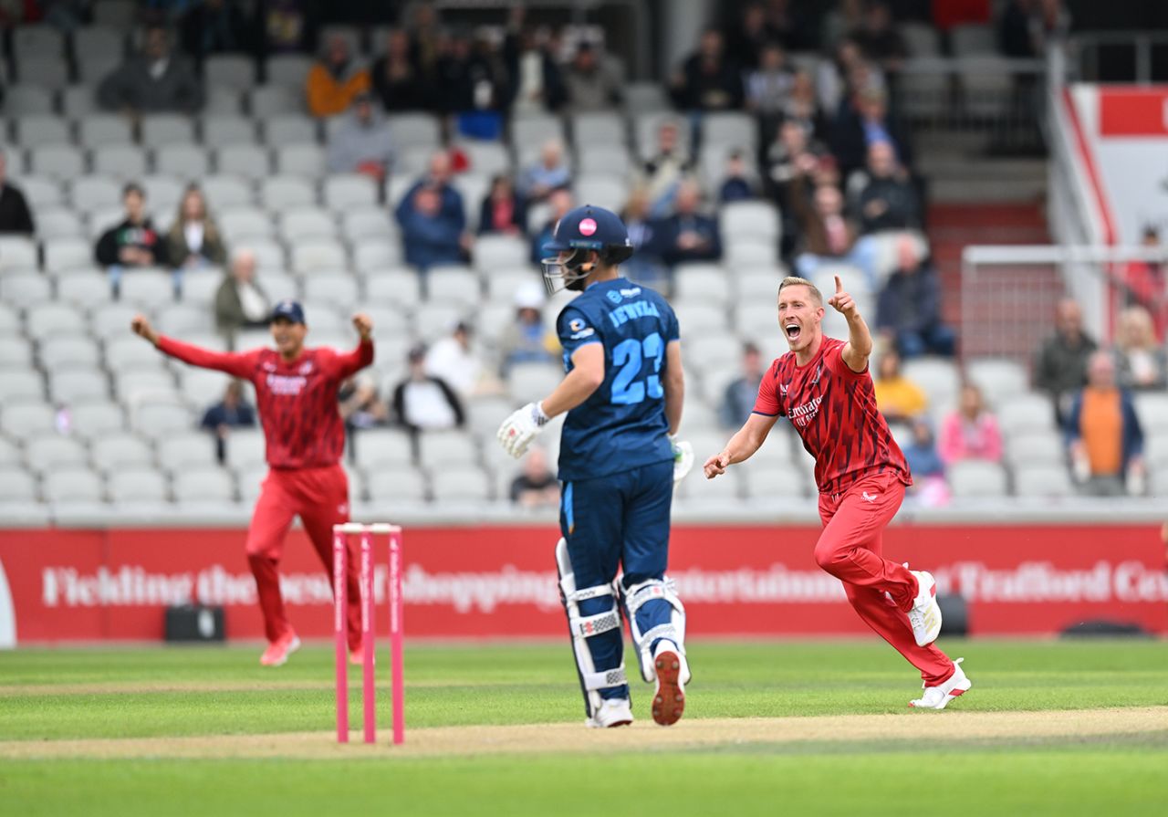 Luke Wood celebrates the wicket of Caleb Jewell with the first ball of the Derbyshire innings, Vitality Blast Men, Lancashire vs Derbyshire, July 5, 2025