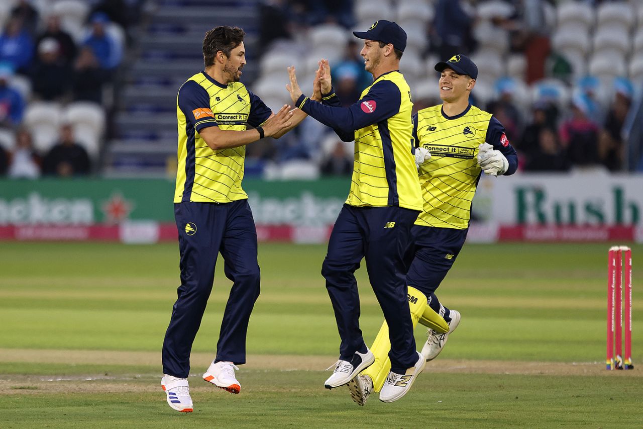 Chris Wood of Hampshire Hawks celebrates after taking the wicket of Harrison Ward of Sussex Sharks, Vitality Blast Men, Sussex Sharks vs Hampshire Hawks, Hove, July 05, 2025