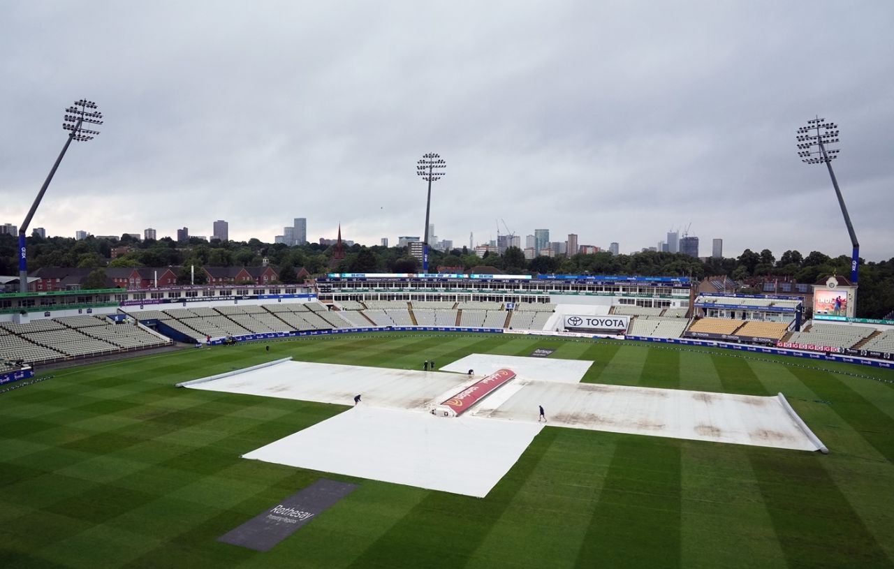 The covers were on under cloudy skies on fifth morning, England vs India, 2nd Test, 5th day, Birmingham, July 6, 2025