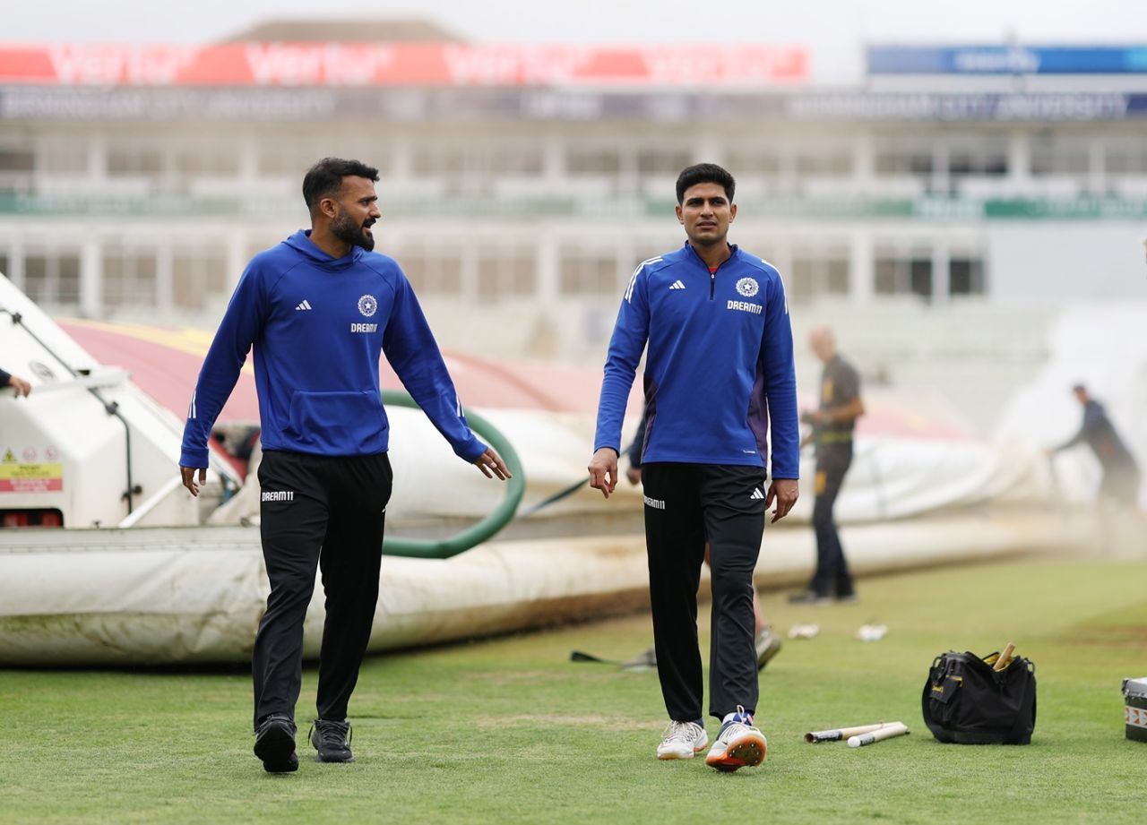 Akash Deep and Shubman Gill inspect the ground while they wait for the covers to go off, England vs India, 2nd Test, 5th day, Birmingham, July 6, 2025