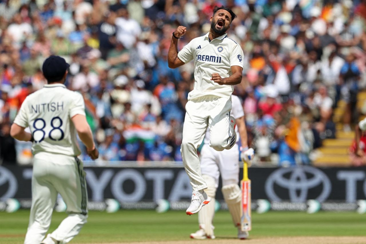 Akash Deep punches the air after knocking over Ollie Pope, England vs India, 2nd Test, 5th day, Birmingham, July 6, 2025