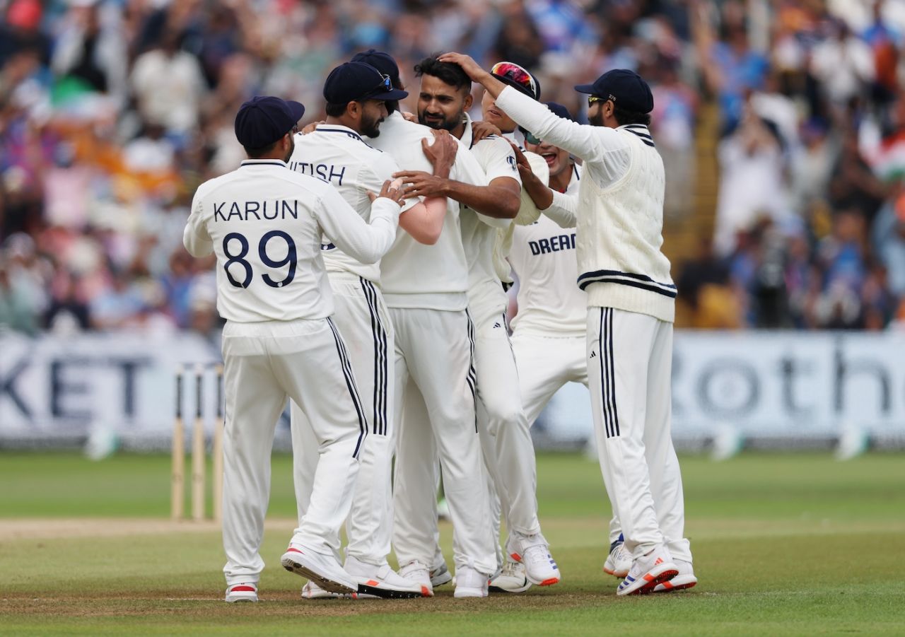 Akash Deep is mobbed by his team-mates, England vs India, 2nd Test, 5th day, Birmingham, July 6, 2025