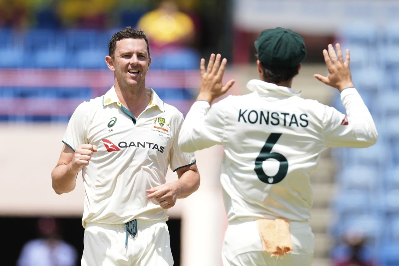 Josh Hazlewood got the first wicket in the chase, West Indies vs Australia, 2nd Test, 4th day, St George's, July 6, 2025