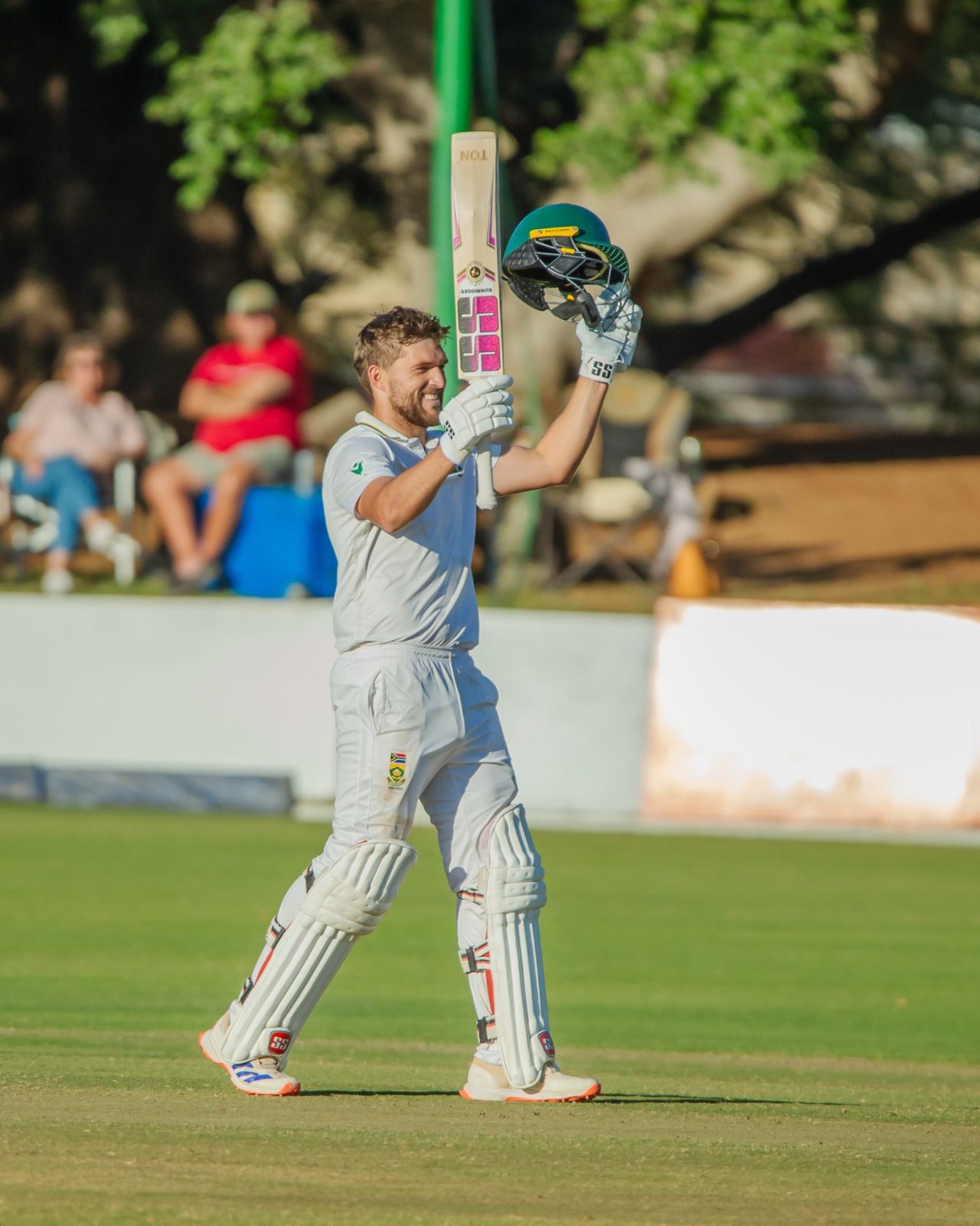 Wiaan Mulder celebrates his maiden double-hundred in Test cricket, Zimbabwe vs South Africa, 2nd Test, 1st day, Bulawayo, July 6, 2025