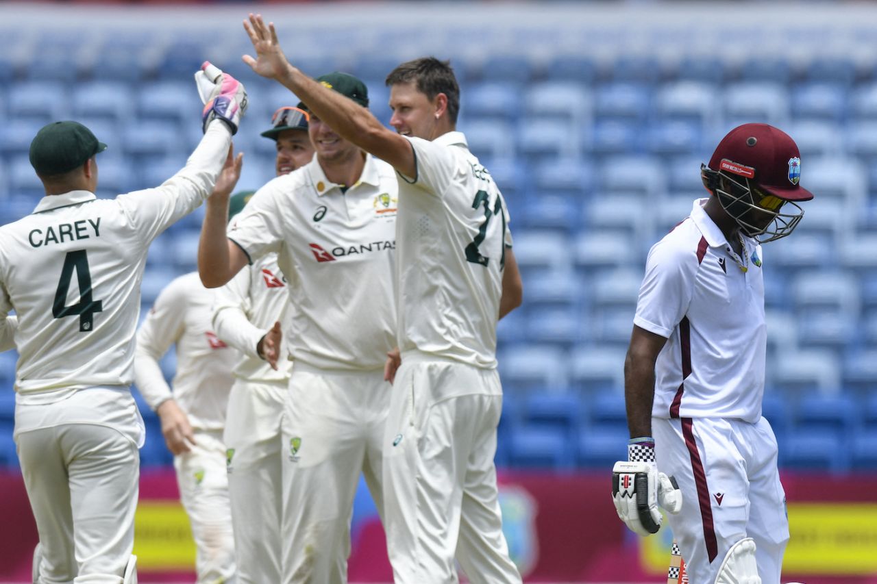 Kraigg Brathwaite made 0 and 7 in his 100th Test, West Indies vs Australia, 2nd Test, St George's, 4th day, July 6, 2025