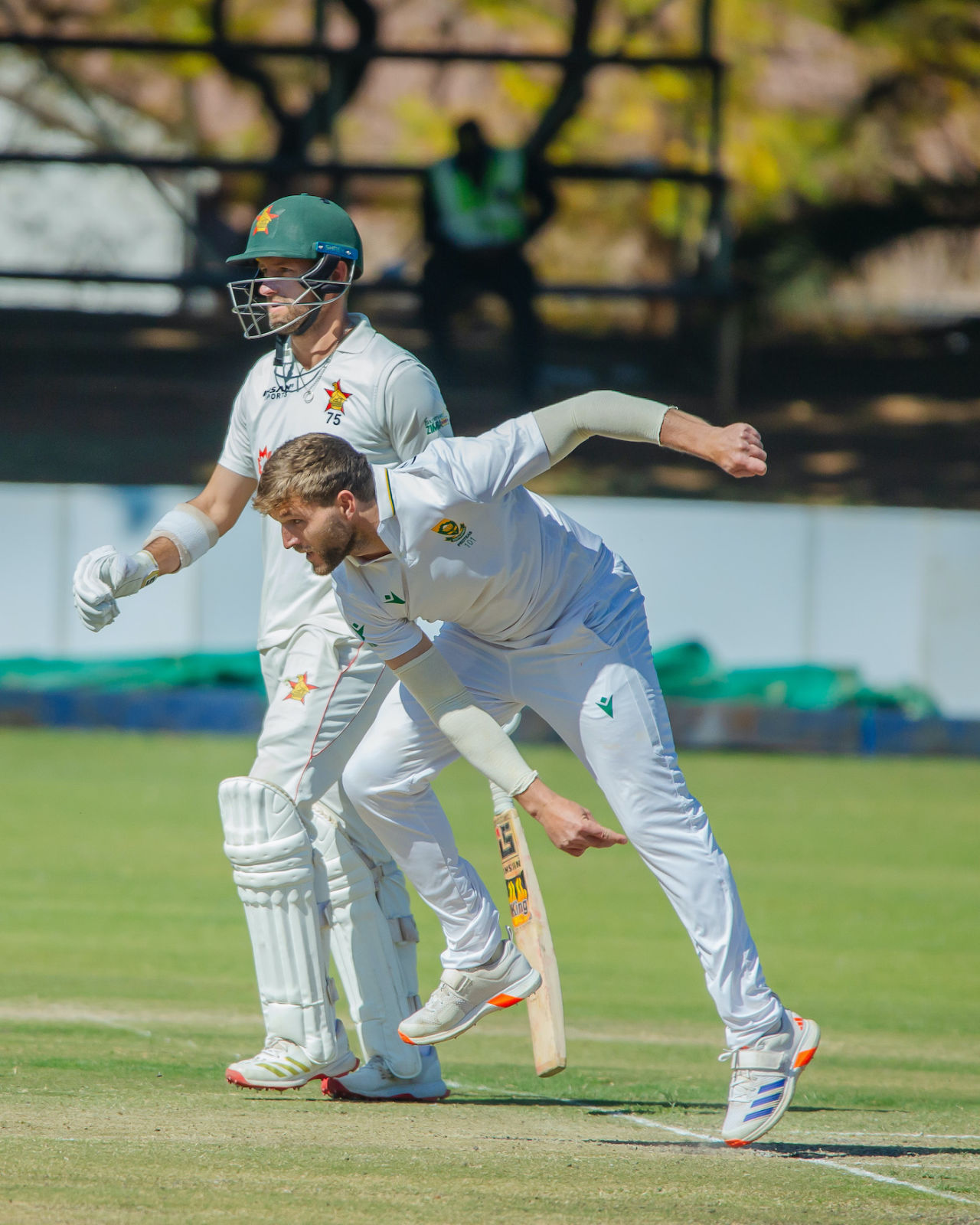 Wiaan Mulder had a good outing with ball after his tripe-century, Zimbabwe vs South Africa, 2nd Test, 2nd day, Bulawayo, July 7, 2025