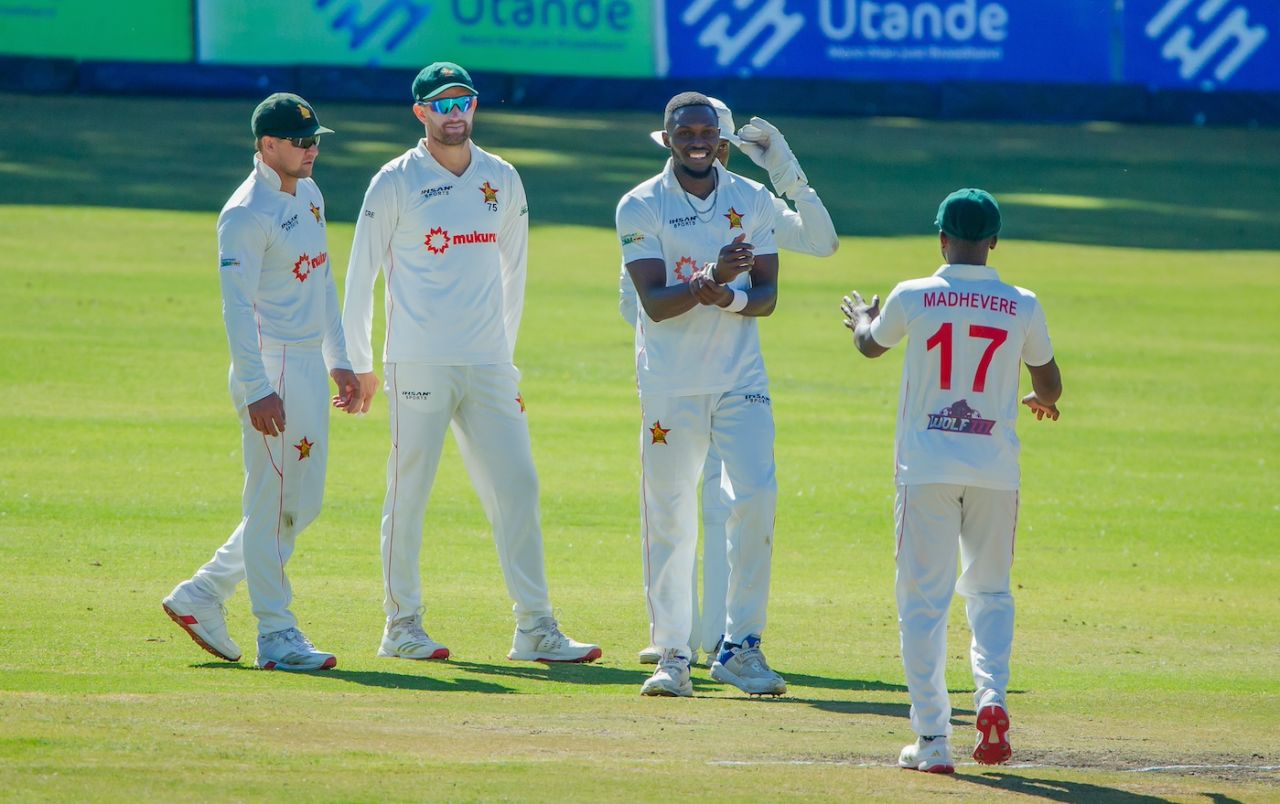 Kundai Matigimu celebrates a wicket, Zimbabwe vs South Africa, 2nd Test, Bulawayo, 2nd day, July 7, 2025