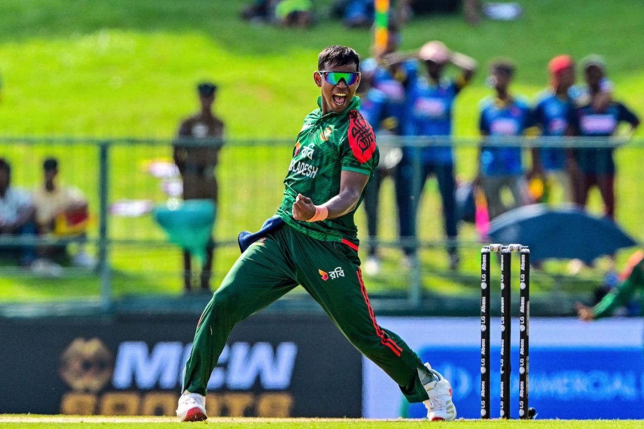 Tanvir Islam is pumped after taking the wicket of Pathum Nissanka, Sri Lanka vs Bangladesh, 3rd ODI, Pallekele, July 8, 2025