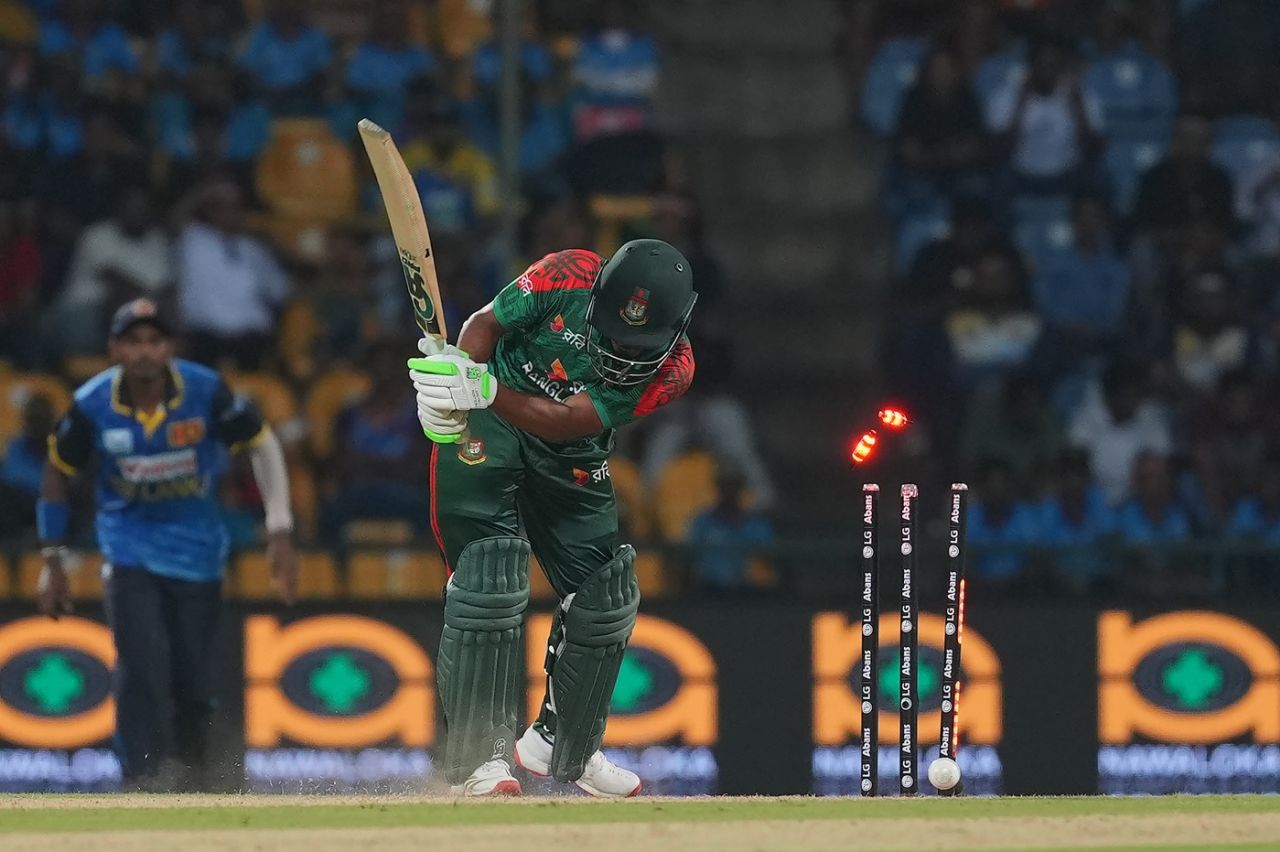 A searing Asitha Fernando yorker ended Tanzid Hasan's innings early, Sri Lanka vs Bangladesh, 3rd ODI, Pallekele, July 8, 2025