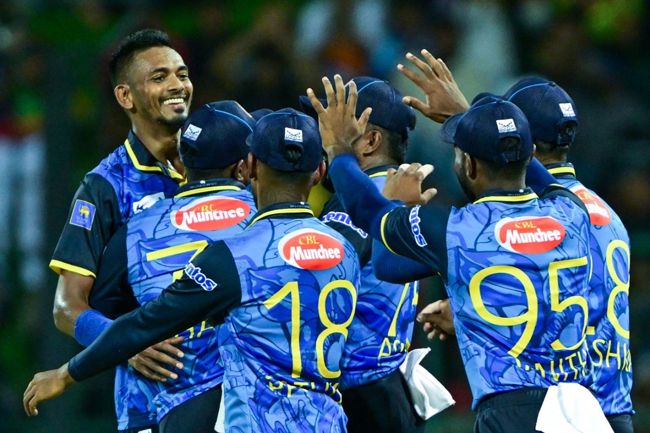Dushmantha Chameera celebrates after sending back Najmul Hossain Shanto, Sri Lanka vs Bangladesh, 3rd ODI, Pallekele, July 8, 2025