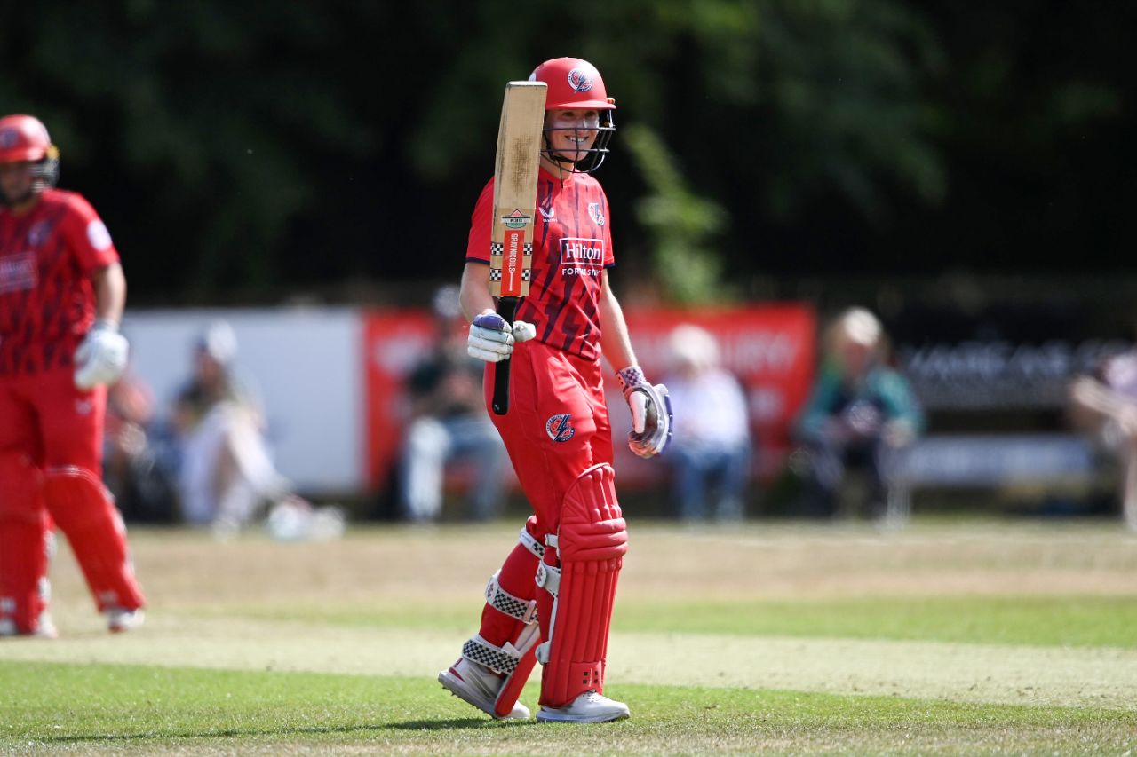 Emma Lamb celebrates her fifty for Lancashire, Women's Vitality Blast, Newbury, July 9, 2025