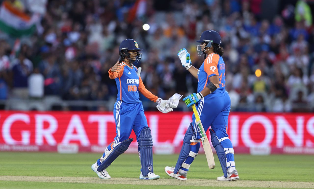 Jemimah Rodrigues and Richa Ghosh celebrate after beating England, England v India, 4th women's T20I, Old Trafford, July 9, 2025
