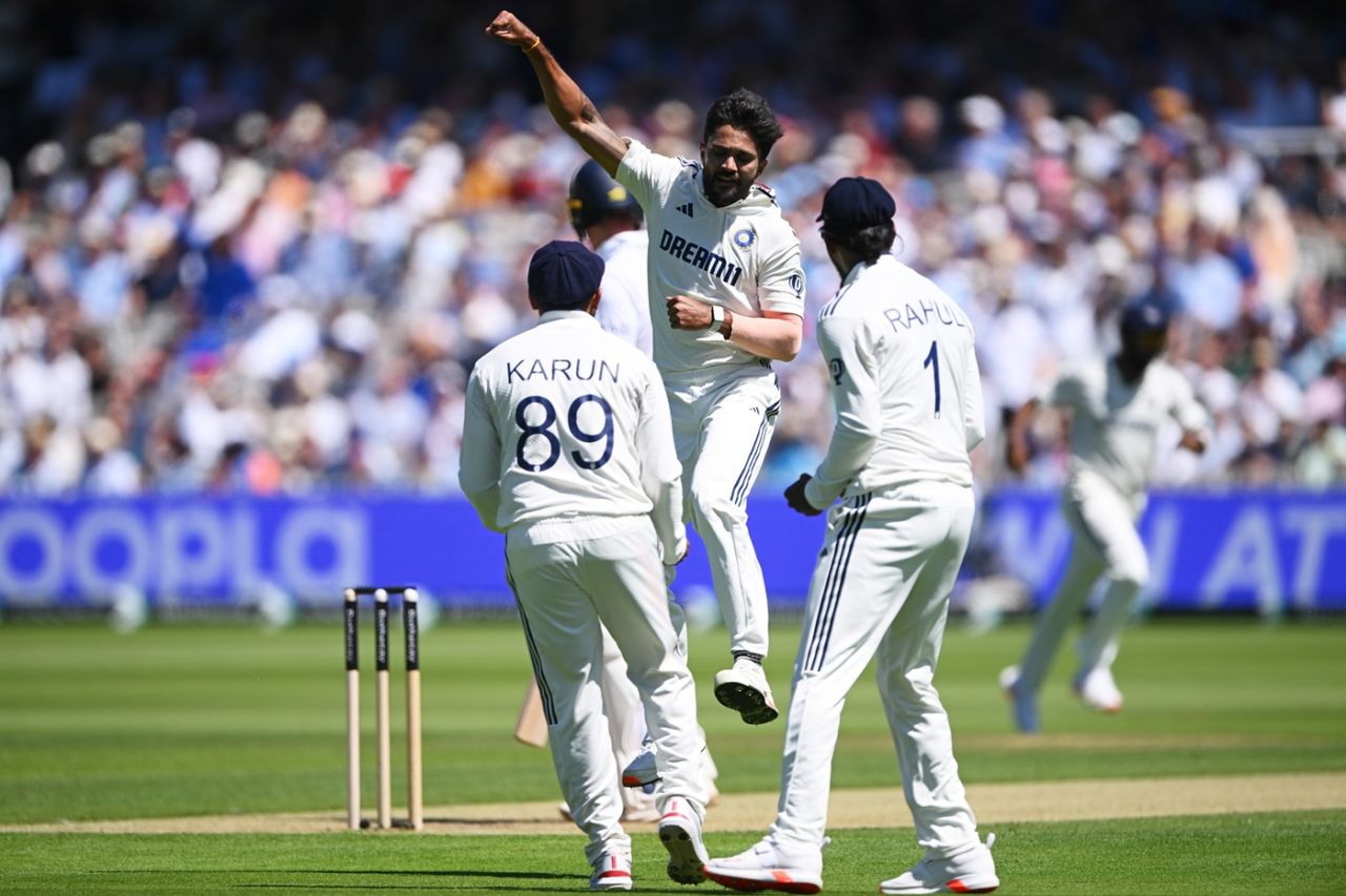 Karun Nair and KL Rahul join Nitish Kumar Reddy in celebration, England vs India, 3rd Test, Lord's, London, Day 1, July 10, 2025
