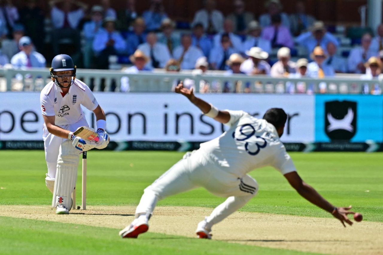 Ollie Pope reacts as Jasprit Bumrah fields off his own bowling, England vs India, 3rd Test, Lord's, London, Day 1, July 10, 2025