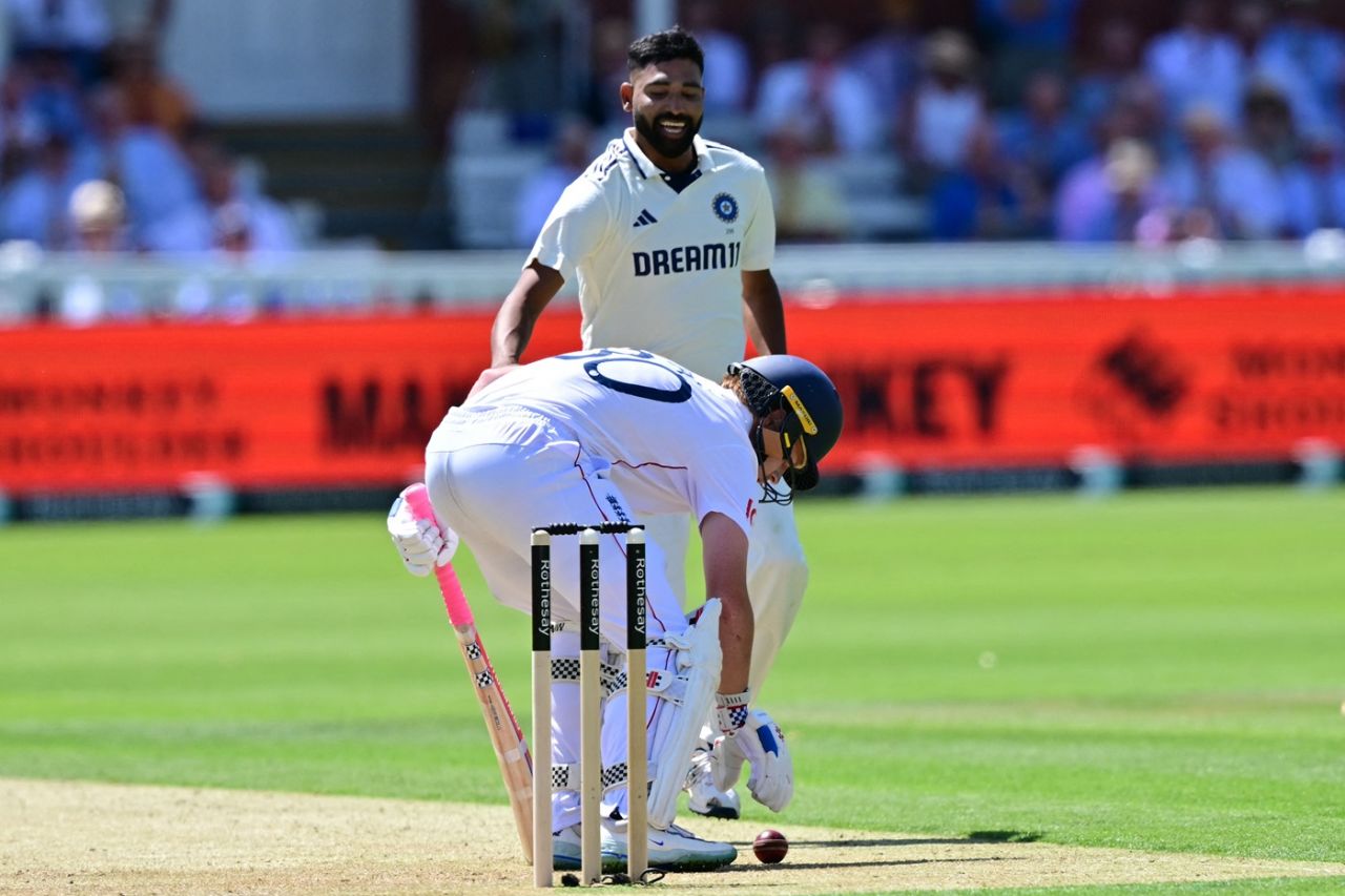 Ollie Pope and Mohammed Siraj shared a light moment after the ball got lodged in his pads, England vs India, 3rd Test, Lord's, London, Day 1, July 10, 2025