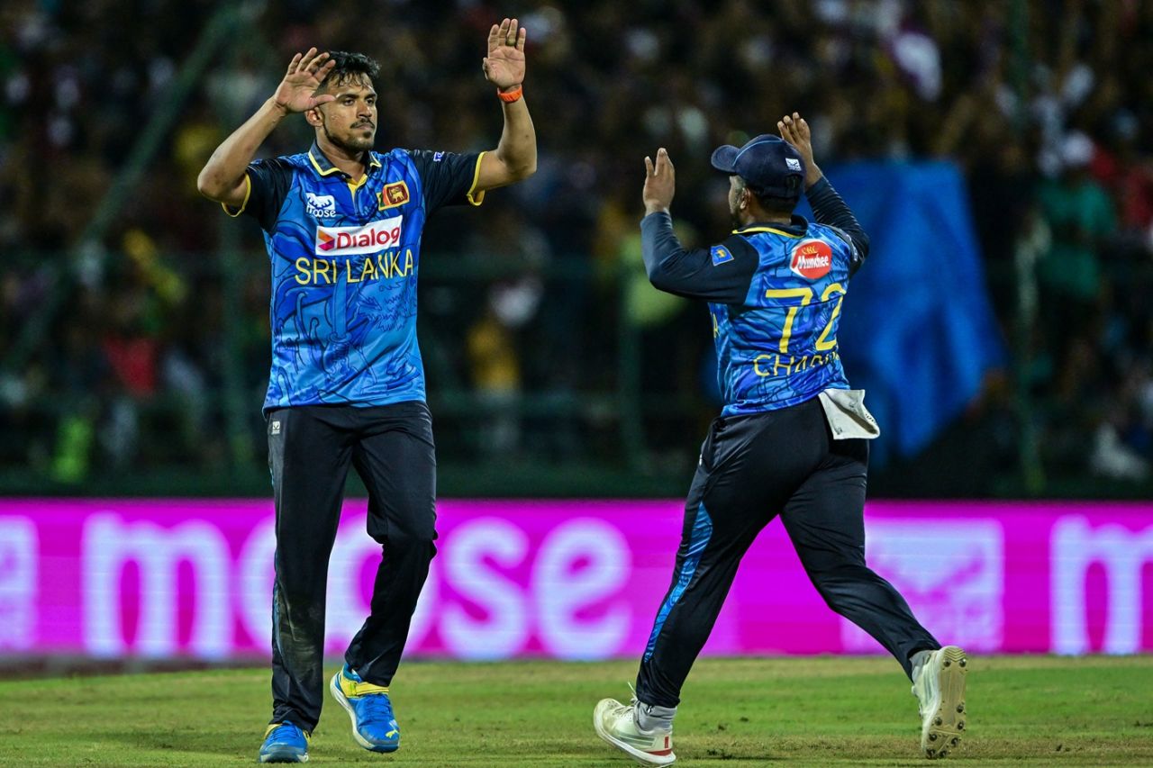 Maheesh Theekshana picked 2 for 37 off his four overs, Sri Lanka vs Bangladesh, 1st T20I, Pallekele, July 10, 2025