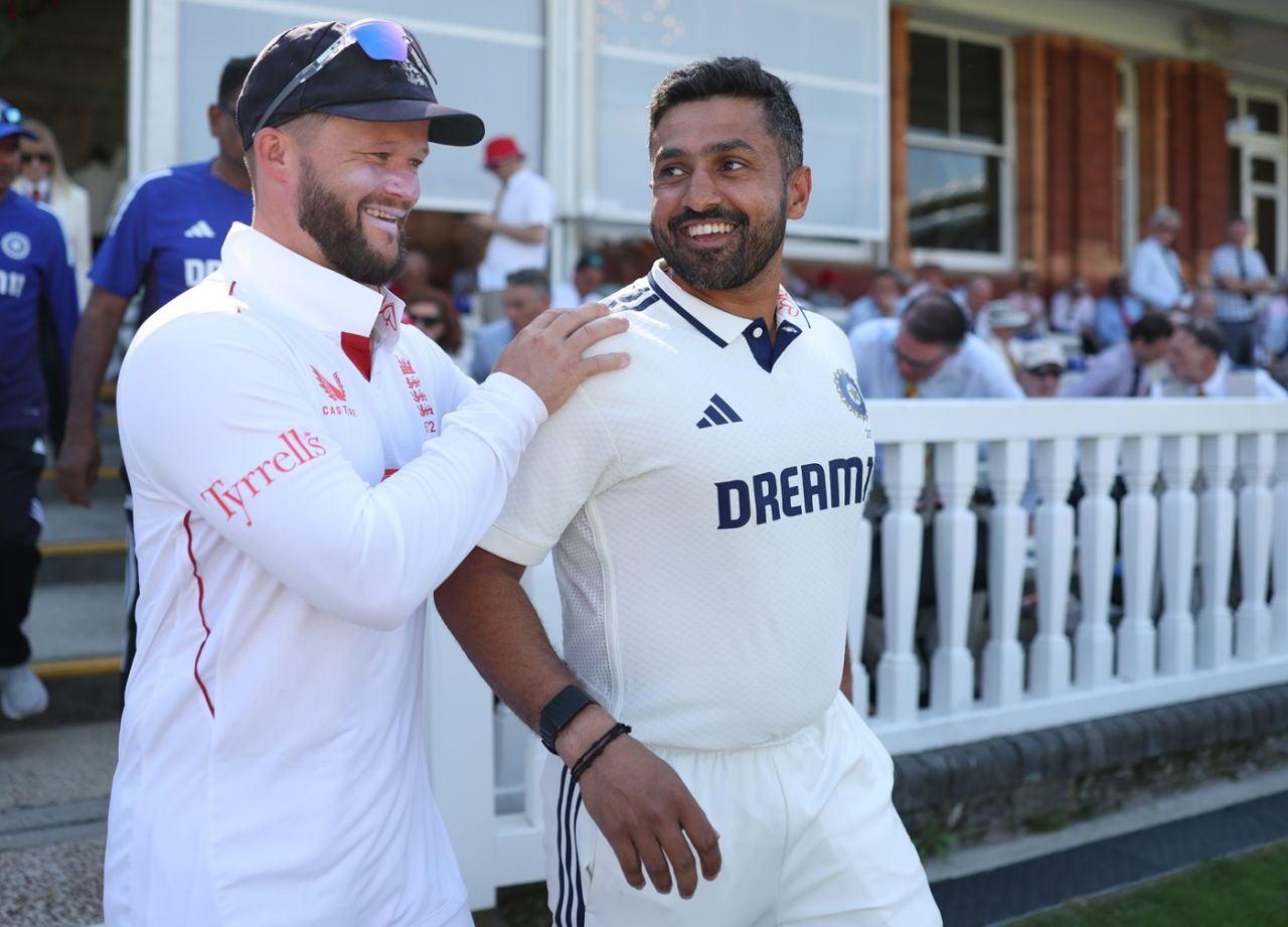 Karun Nair and Ben Duckett share a light moment after tea, England vs India, 3rd Test, Lord's, London, 2nd day, July 11, 2025