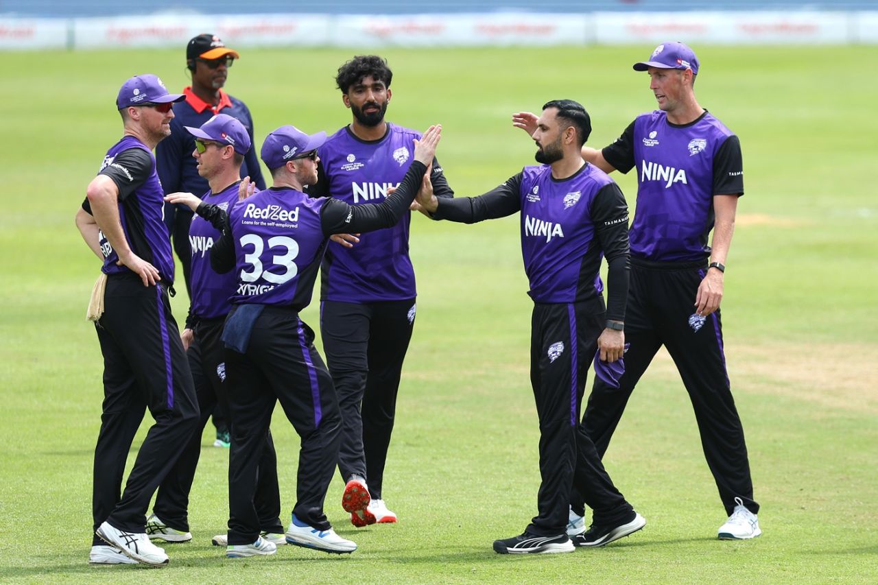 Mohammad Nabi finished with figures of 3 for 21, Dubai Capitals vs Hobart Hurricanes, GSL 2025, Providence, July 11, 2025