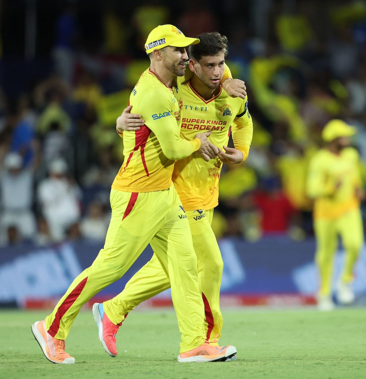 Faf du Plessis and Noor Ahmad celebrate the fall of Monank Patel, MI New York vs Texas Super Kings, MLC 2025 Qualifier 2, Dallas, July 11, 2025