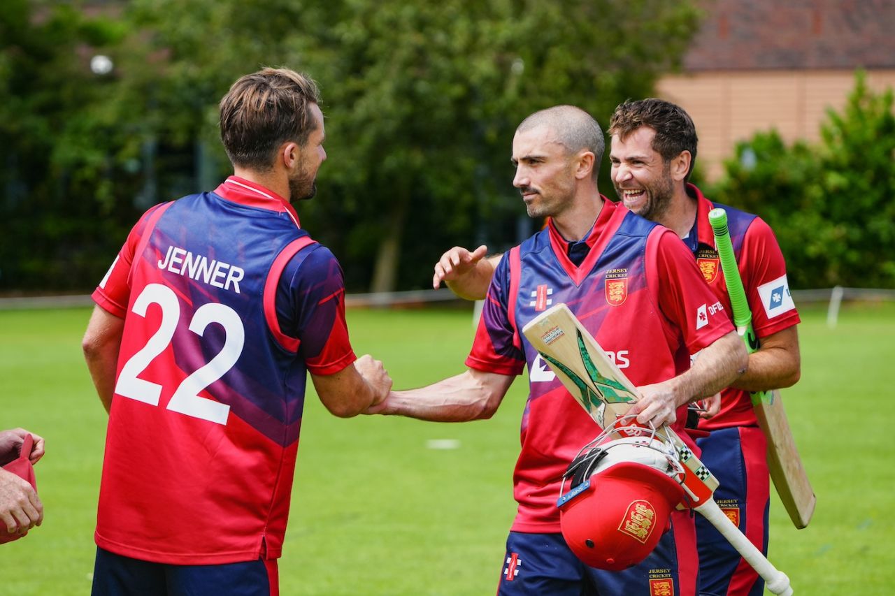 Charles Perchard and Jake Dunford are welcomed back after the win by Jonty Jenner, Jersey vs Scotland, ICC Men's T20 World Cup Europe Region Final, The Hague, July 11, 2025